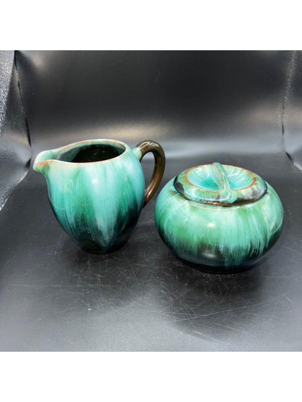 Blue Mountain Pottery Green Drip Glaze Creamer & Sugar Bowl Set With Lid Handmad